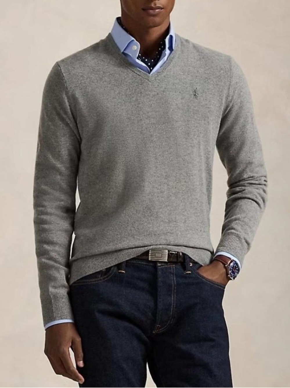 Polo Ralph Lauren Grey V-neck Knit Pullover Pima‎ Cotton
Sweater Size XL.